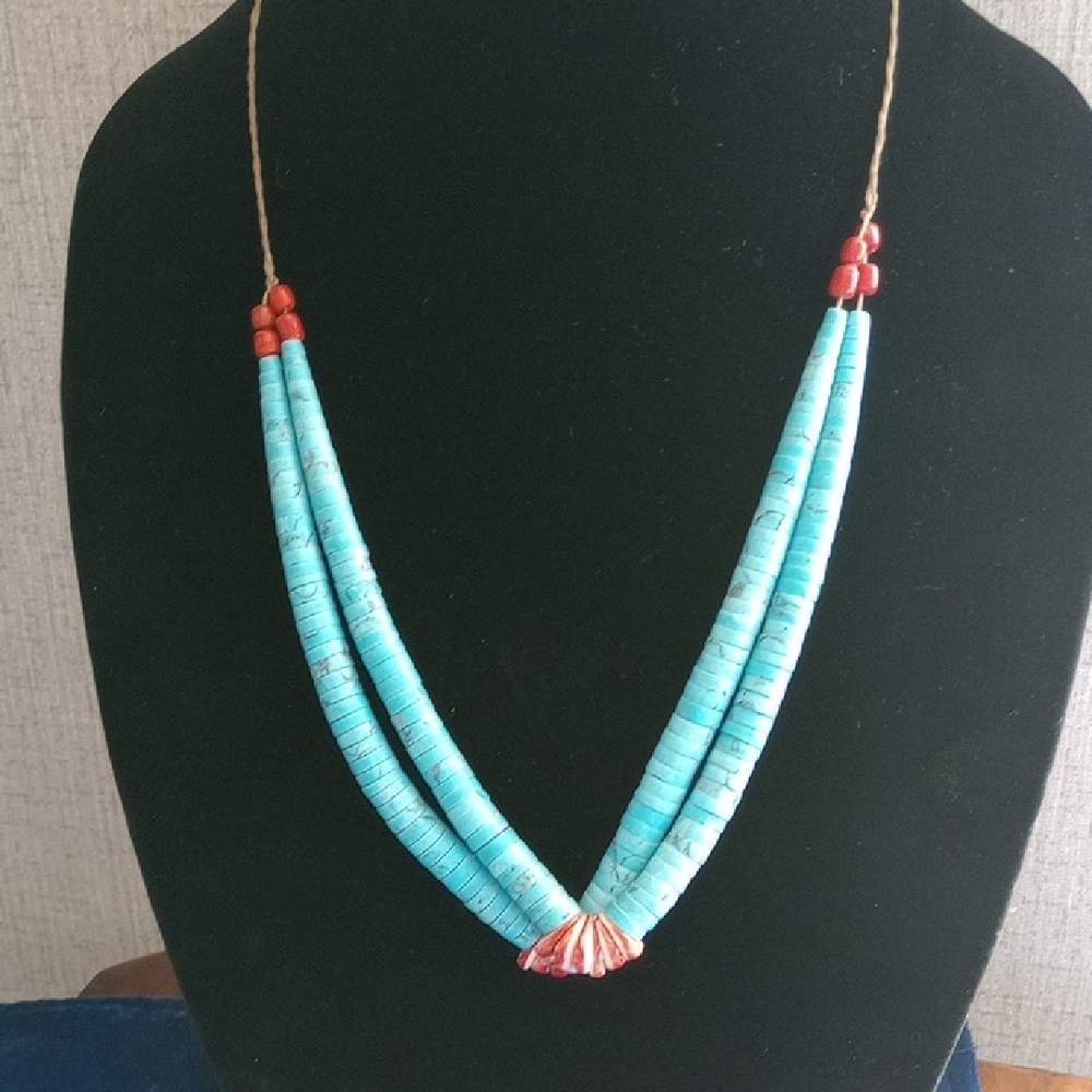 Vintage Santo Domingo Pueblo 2 Strand Graduated Turquoise, Spiny Oyster & Coral